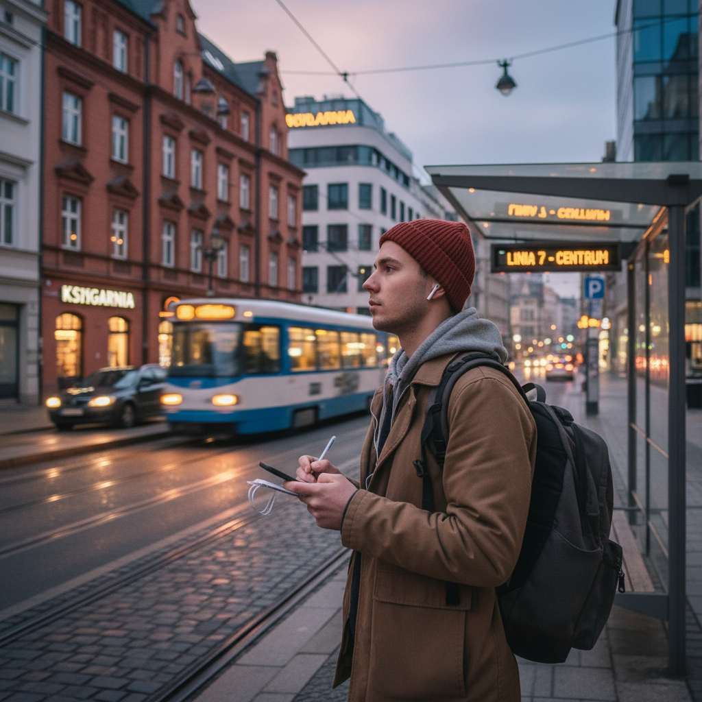Student z plecakiem słuchający podcastu edukacyjnego na przystanku tramwajowym o zmierzchu