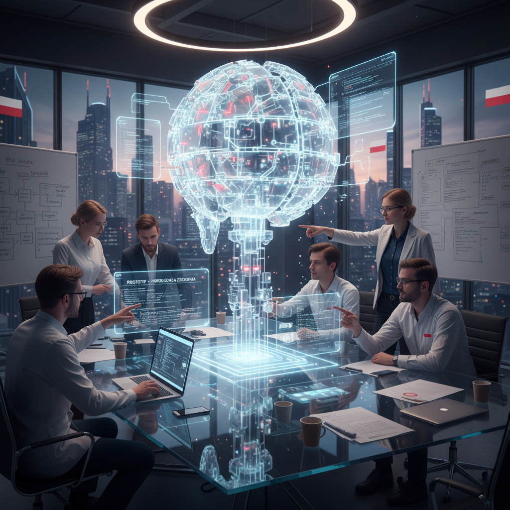 Zespół polskiej firmy testujący prototyp AI na spotkaniu w nowoczesnym biurze