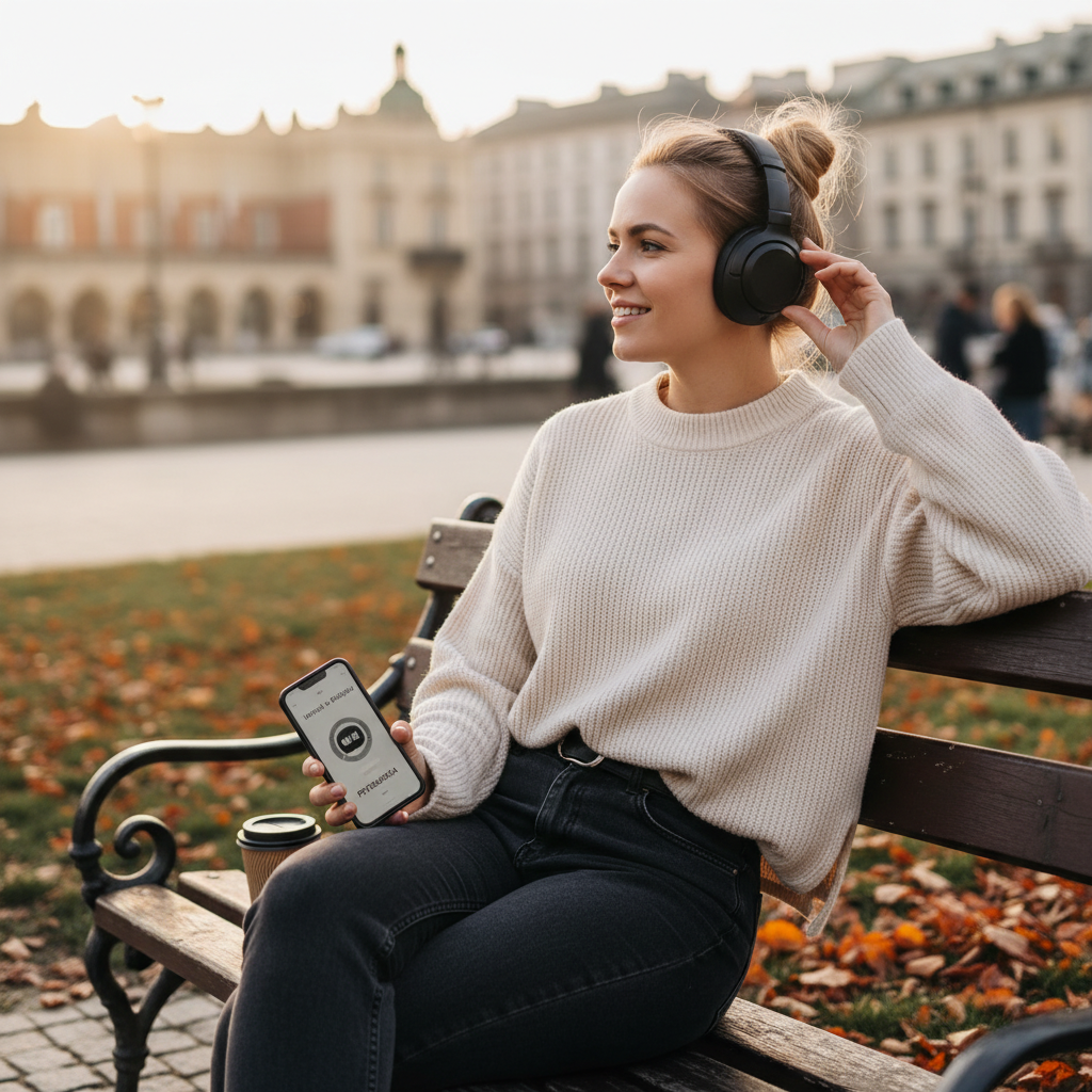 Polska kobieta słuchająca podcastu psychologicznego przez słuchawki w miejskim otoczeniu