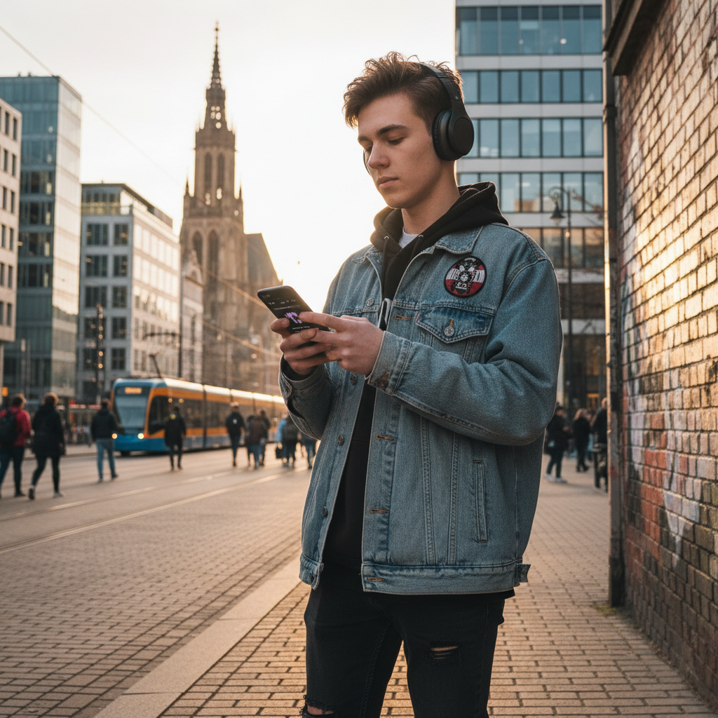 Polska młodzież słuchająca muzyki na smartfonie, na tle miejskiego krajobrazu