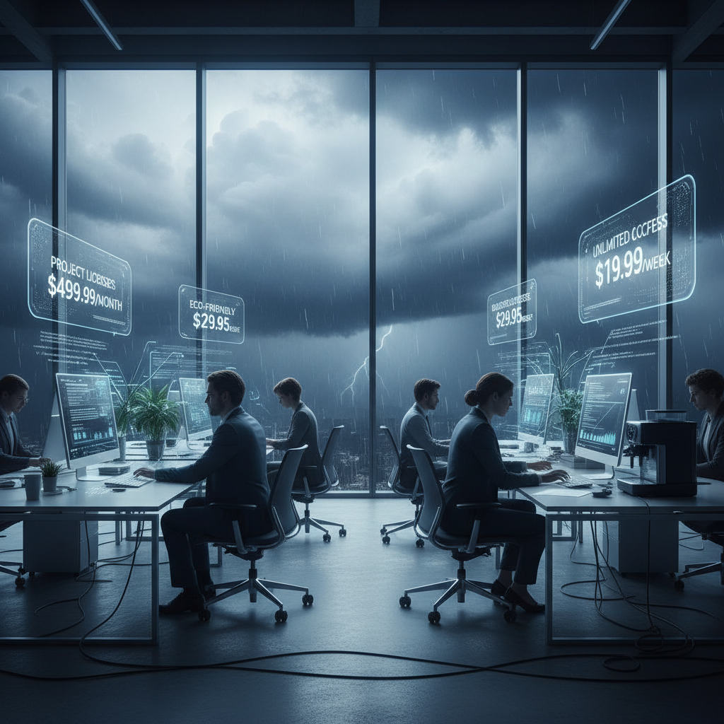 Chaotic price tags and complex graphs showing software cost confusion