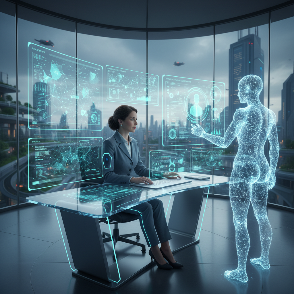 Human and AI productivity coordinator working together in a high-tech office, digital dashboard glowing, blending analog and digital teamwork.