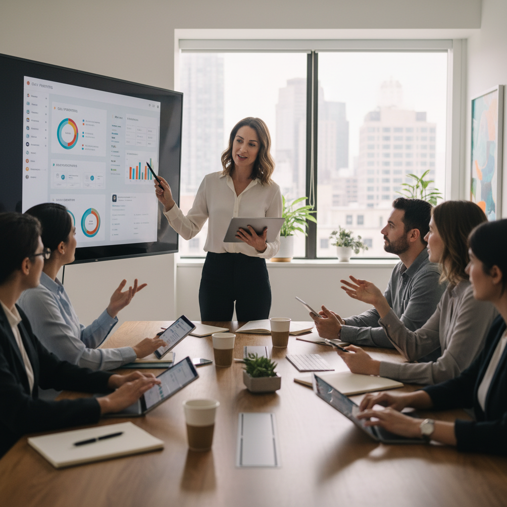 Productivity coordinator implementation checklist on a digital tablet held by a team member, modern office background.