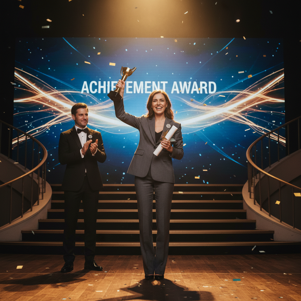 Sukces zawodowy dzięki wiedzy branżowej – profesjonalista odbierający wyróżnienie na scenie