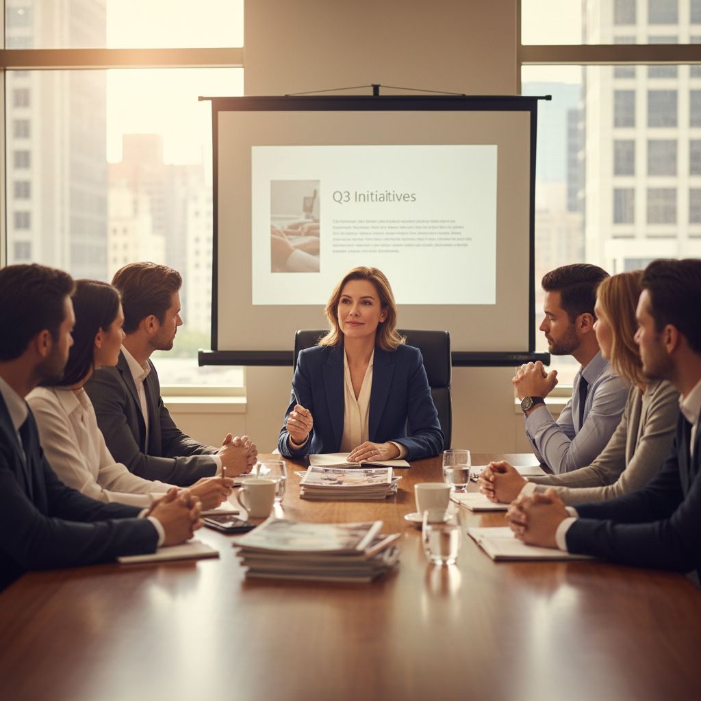 Cichy lider słucha zespołu podczas spotkania, spokojny autorytet, partnerski klimat pracy