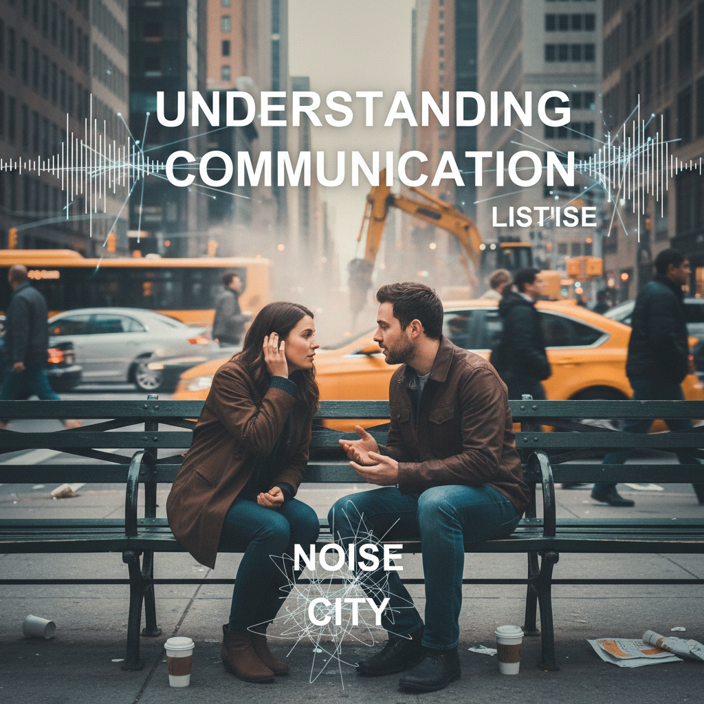 Close-up of one partner’s ear in a noisy city setting, where the other’s blurred mouth is moving, emphasizing the challenges of listening in relationship communication