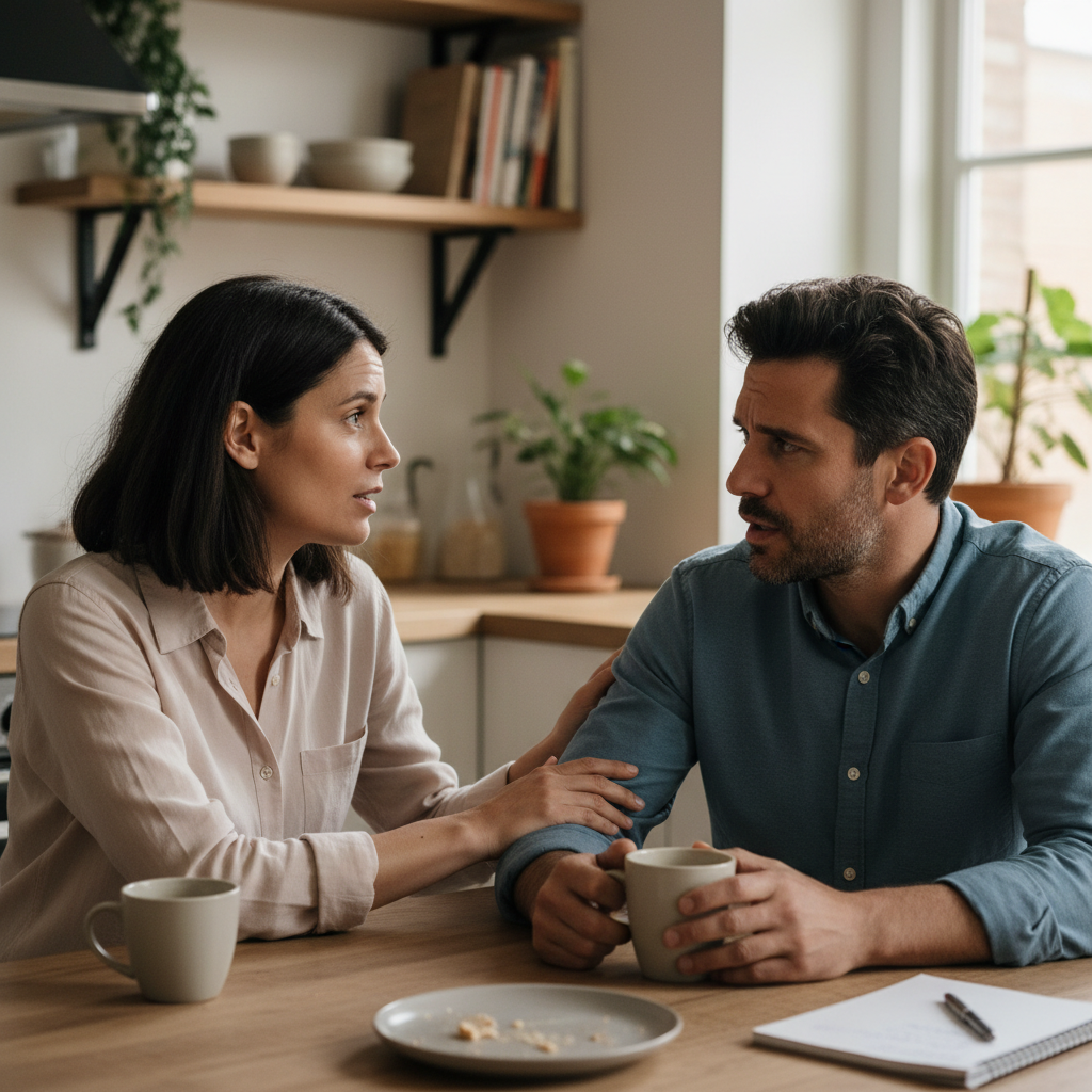 Couple practicing active listening at home, candid kitchen table discussion about relationship help
