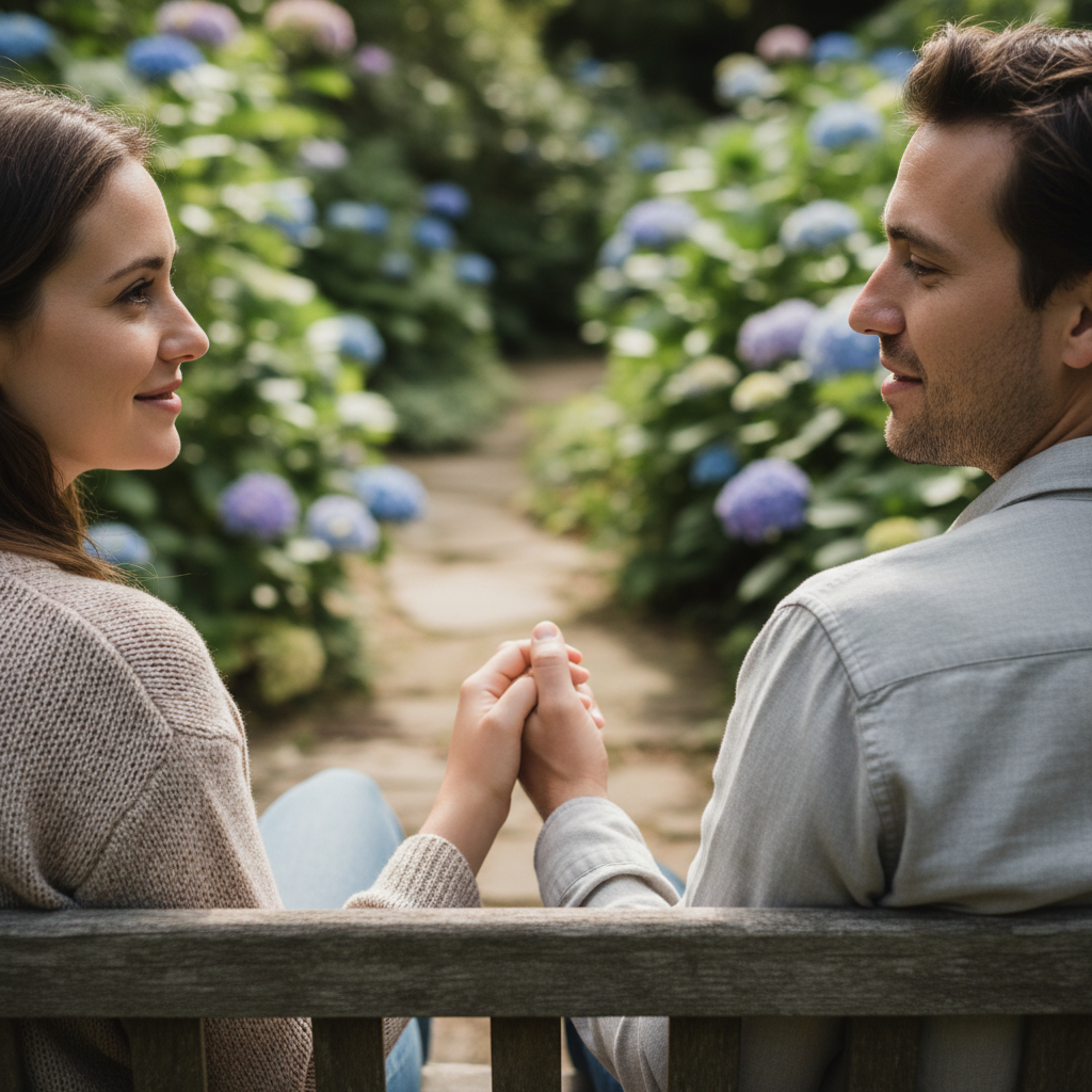 Two people sitting together, holding hands and maintaining eye contact after a difficult conversation, symbolizing intimacy restored by active listening
