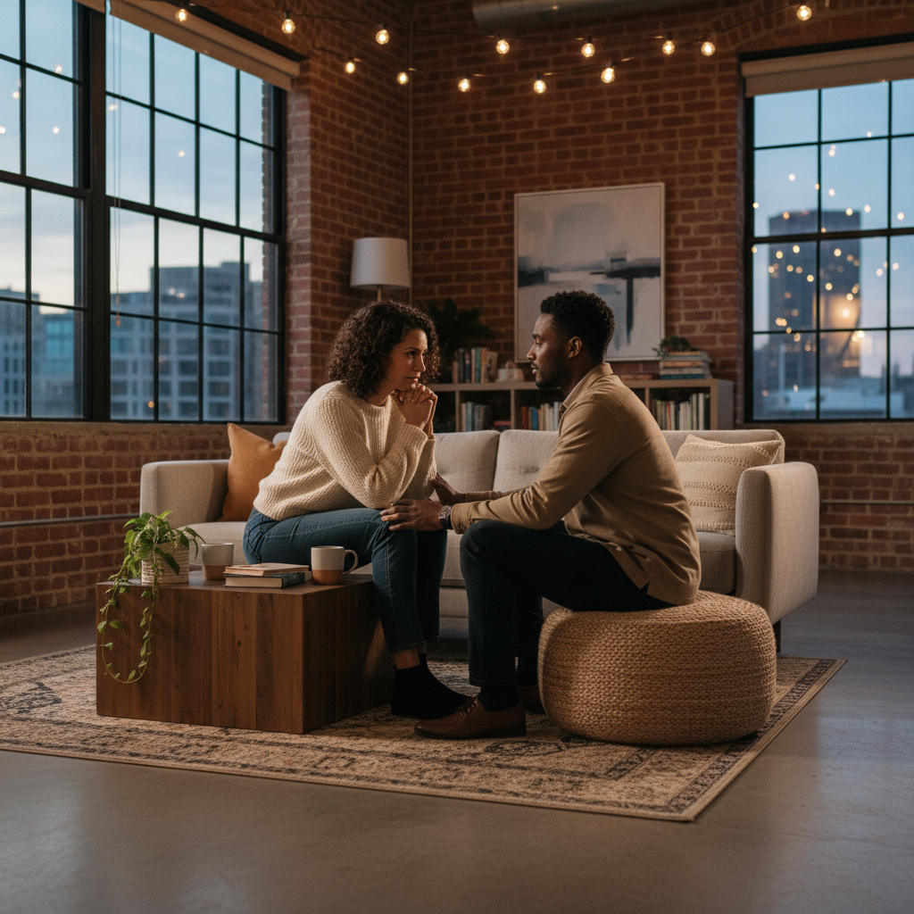 Photo of couple sitting at a table, both listening intently but not speaking, urban loft at night