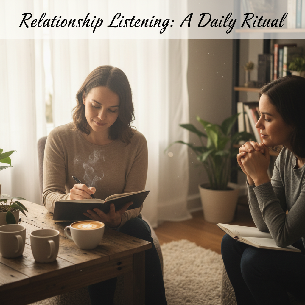 A person journaling in the morning with coffee nearby, setting a daily intention to practice relationship listening skills
