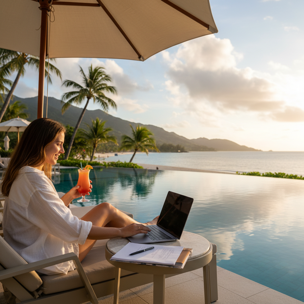 Remote worker using laptop poolside at resort, representing workation vacation package trend 2025