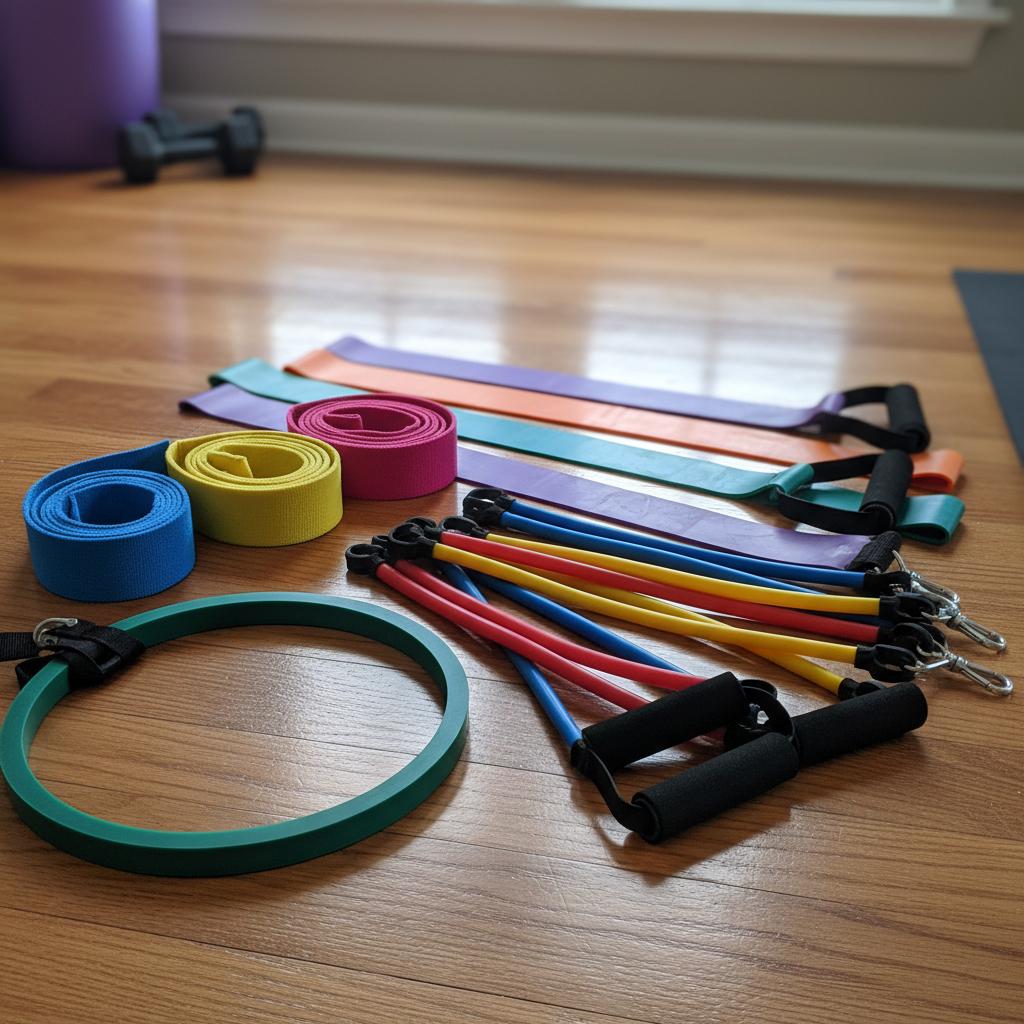 Różnorodne gumy oporowe o różnych kolorach i grubości, leżące na podłodze