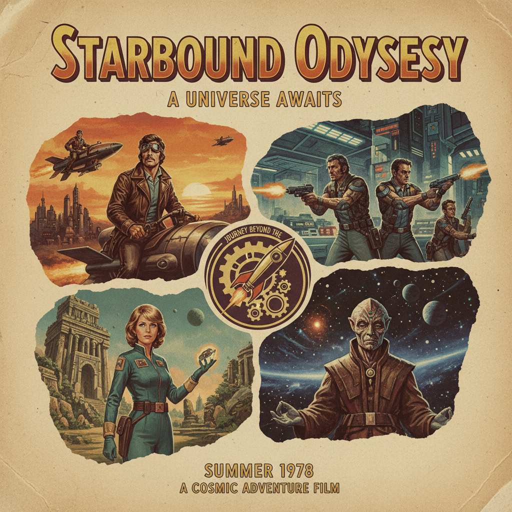 Retro-style photo mashup: Multiple film protagonists in bold, split-scenes with vintage typography and colors