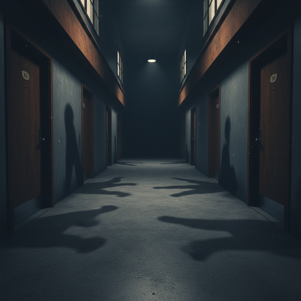 Shadowy corridor with multiple mysterious doors, conspiracy movie symbolism