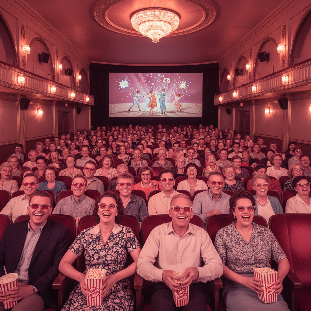 Smiling audience in retro movie theater enjoying optimistic comedy, warm light, rose colored glasses