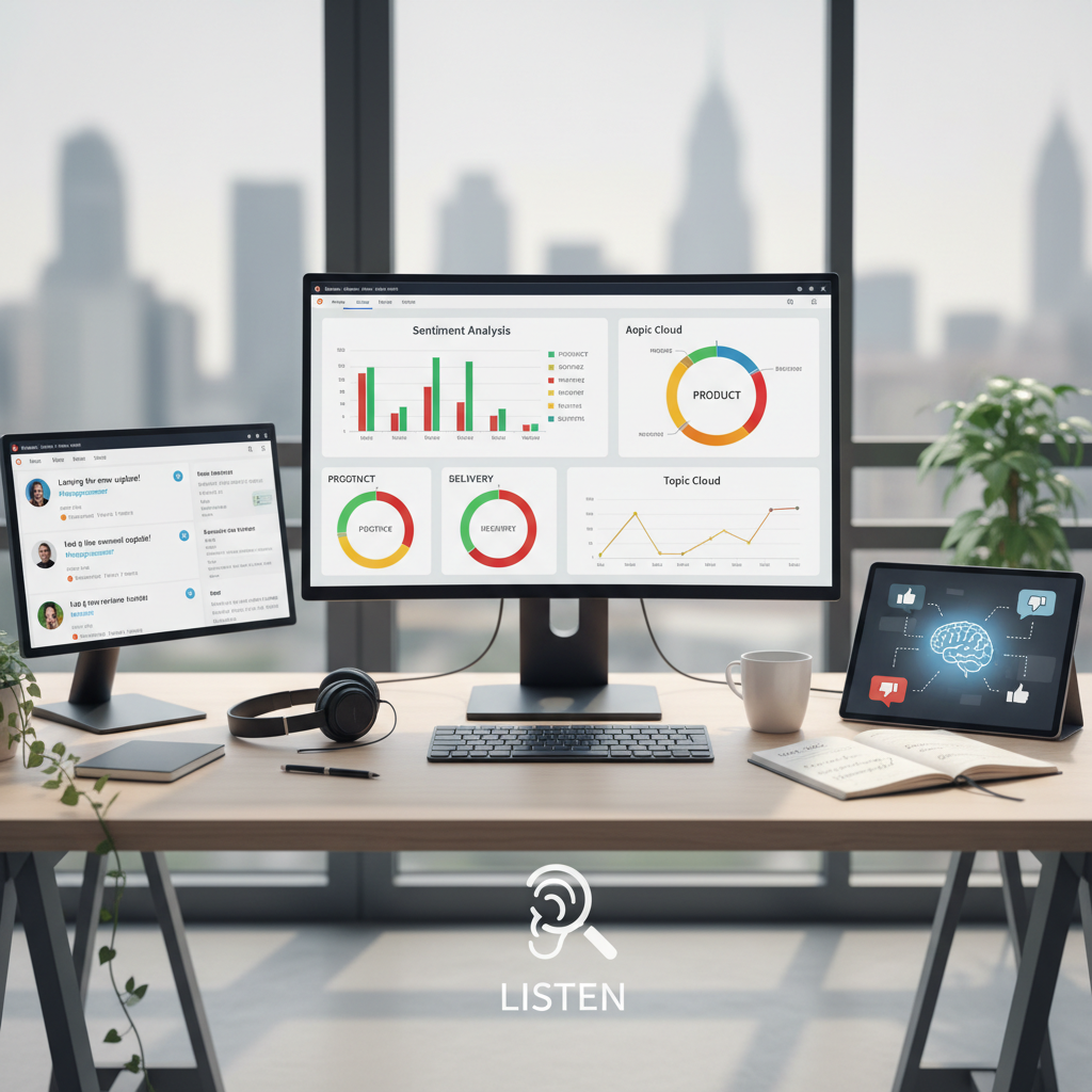 Specjalista od social listening analizuje dashboard z opiniami klientów w biurze