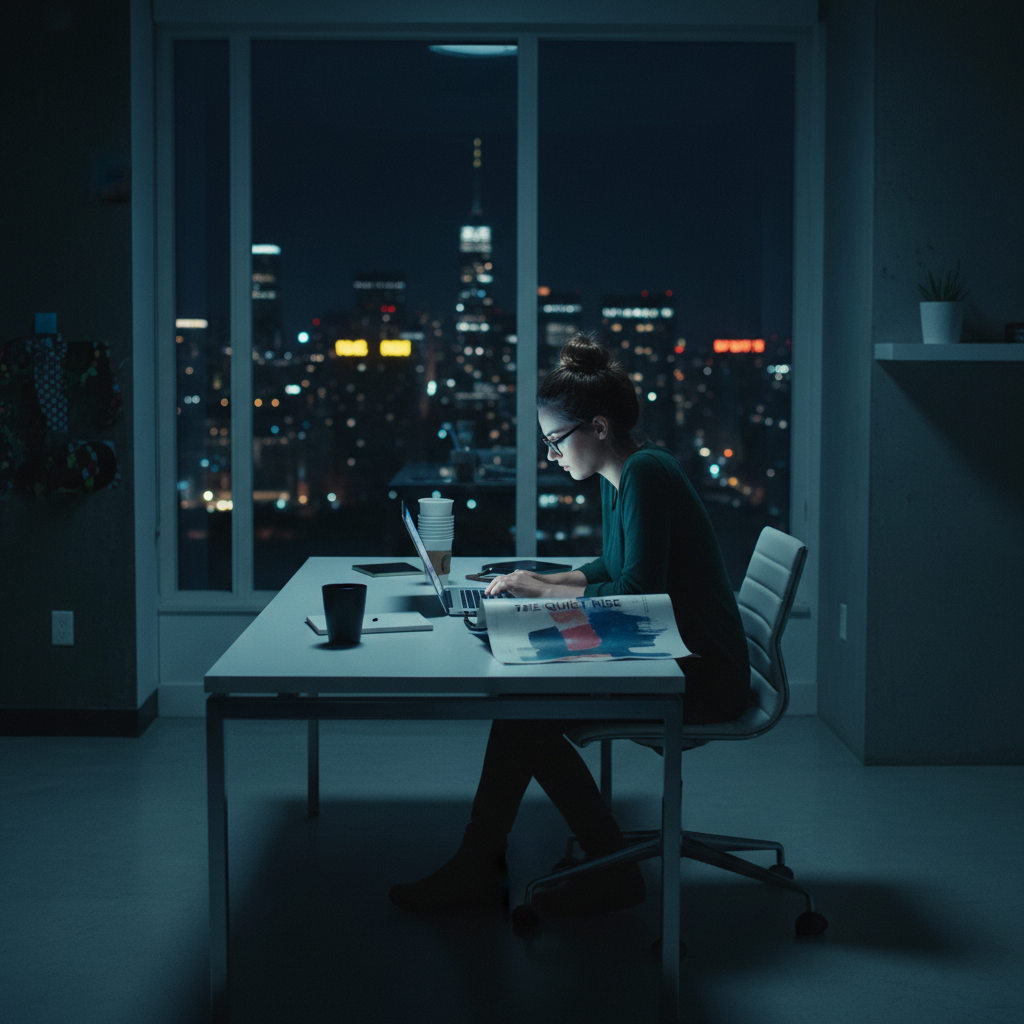 Indie photo of a solitary worker at night in a minimalist office, deep in thought, representing overlooked corporate movies