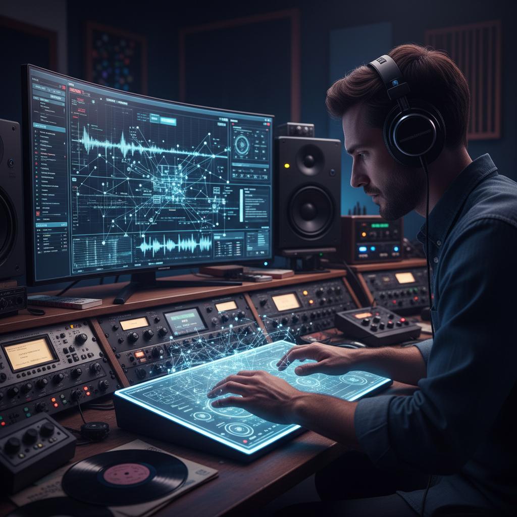 Specjalista analizujący nagrania muzyka, narzędzia AI, plansza z notatkami
