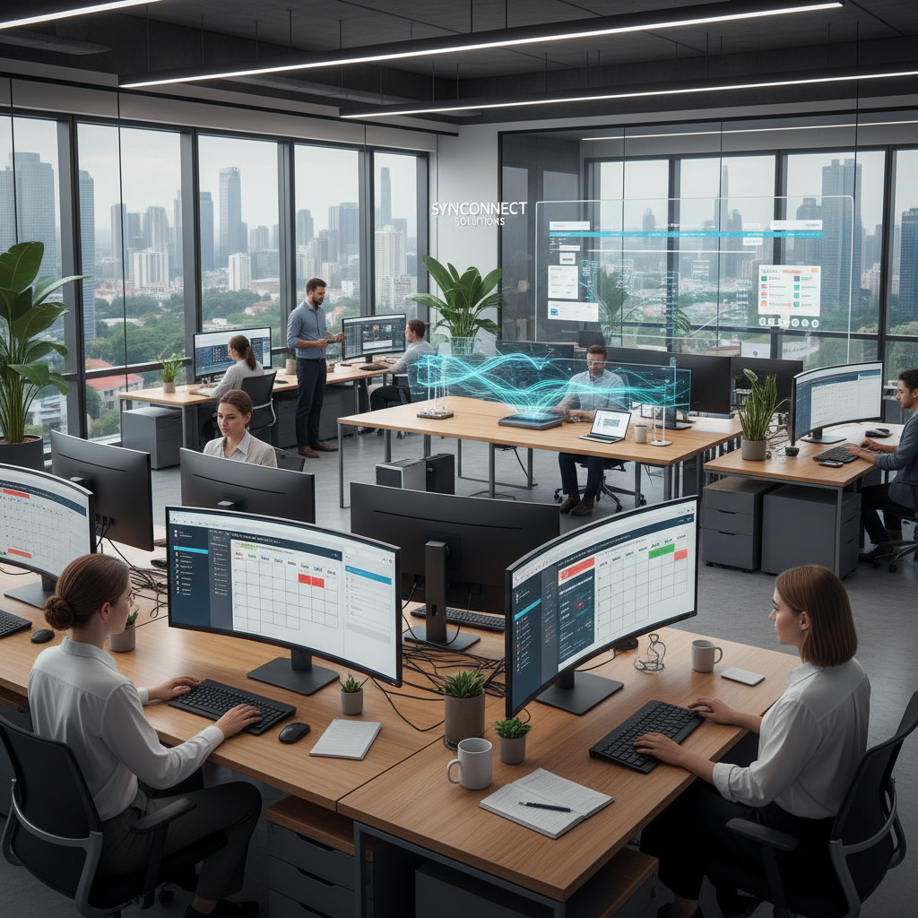 Montage: small startup team and large corporate office, both using digital scheduling tools for meetings