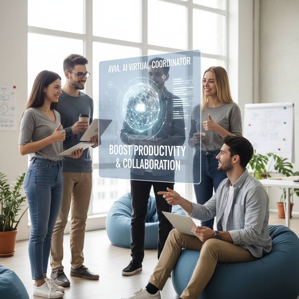 Startup team using AI-powered virtual coordinator to boost productivity and collaboration