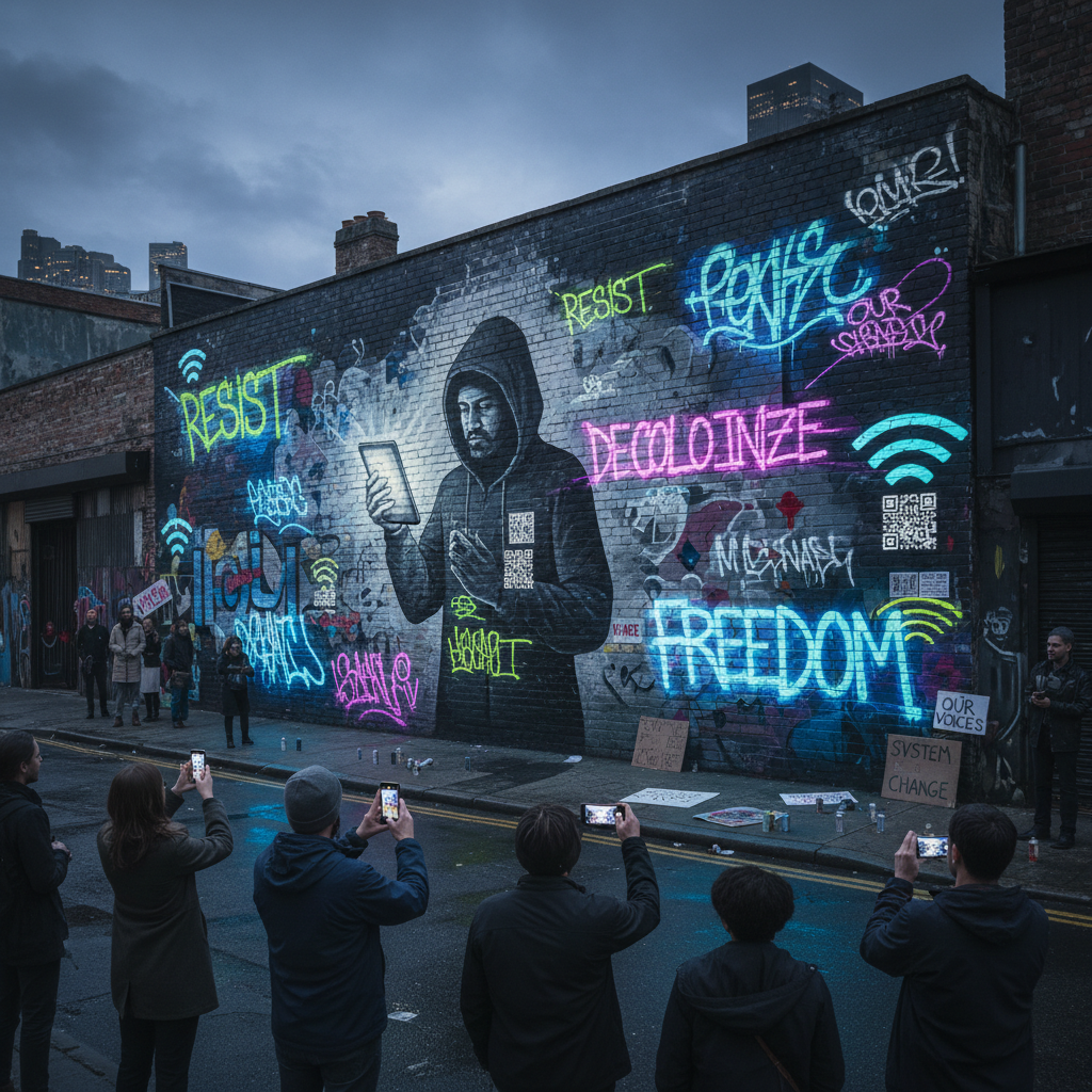 A mural with embedded digital tags representing metadata activism