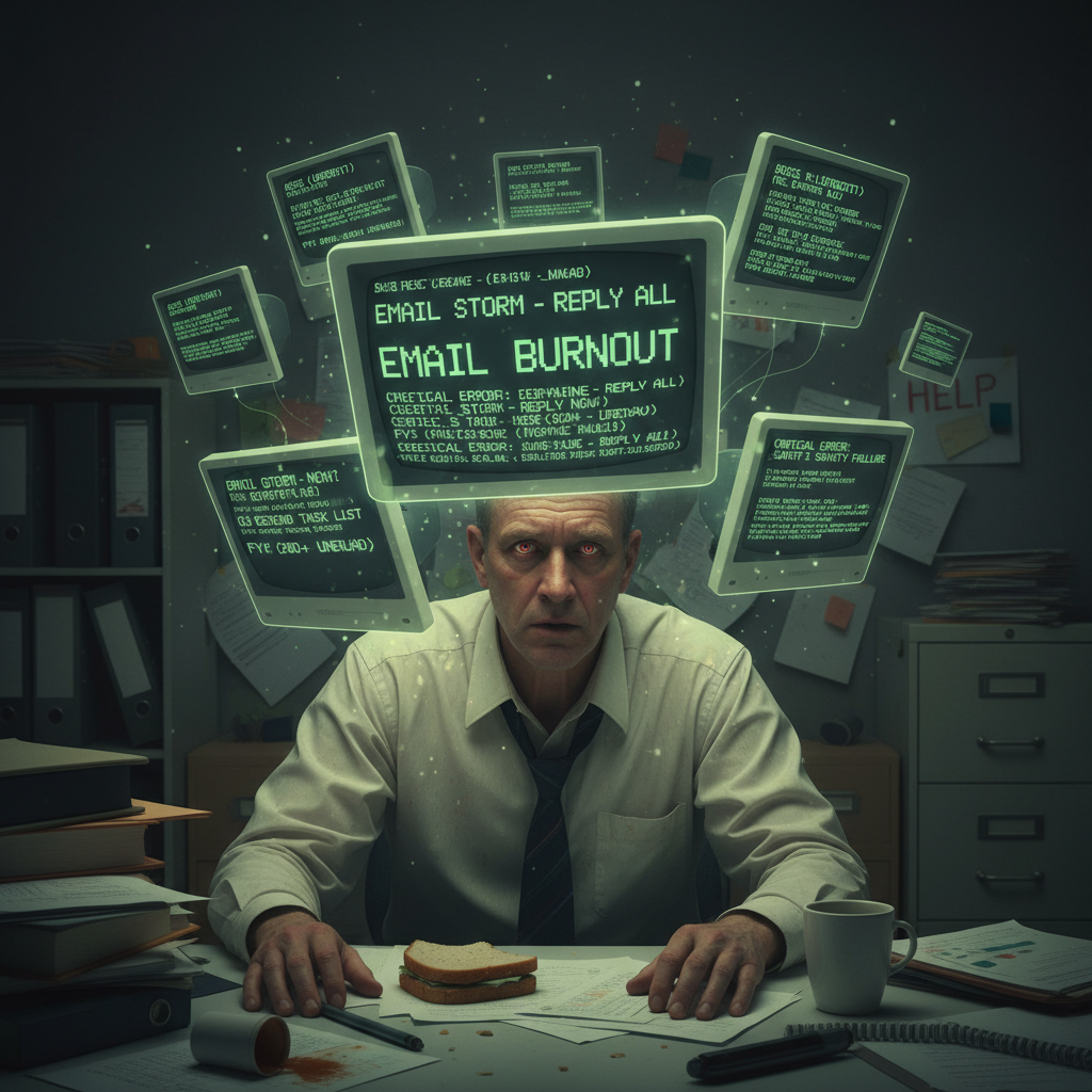 Stressed office worker surrounded by vintage email notifications, symbolizing the burden of legacy email systems