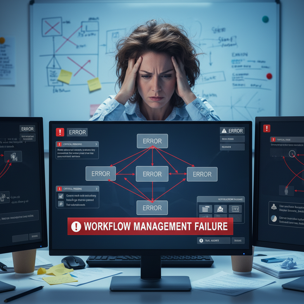 Stressed workflow coordinator dealing with error notifications, digital workflow management failure, chaotic office