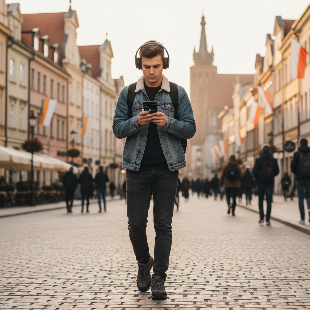 Student słuchający hiszpańskiego podcastu podczas spaceru po polskim mieście, słuchawki, telefon, skupienie