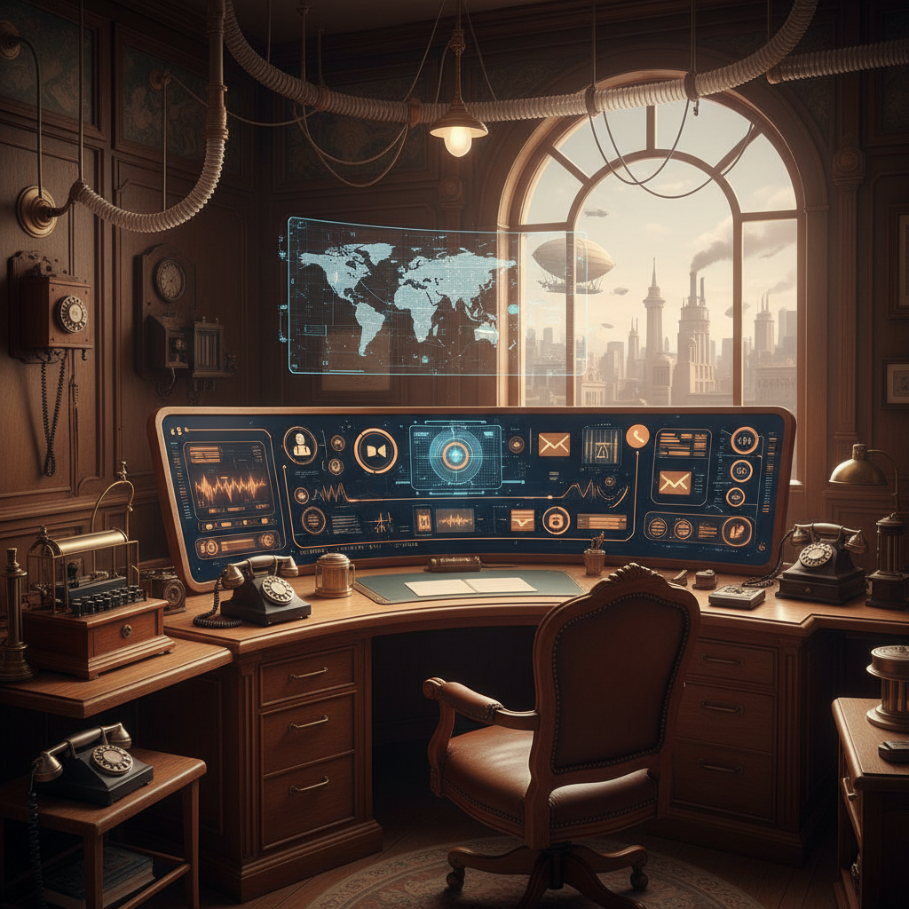 Support communication evolution from paper to AI, showing contrast of vintage office and modern digital dashboard