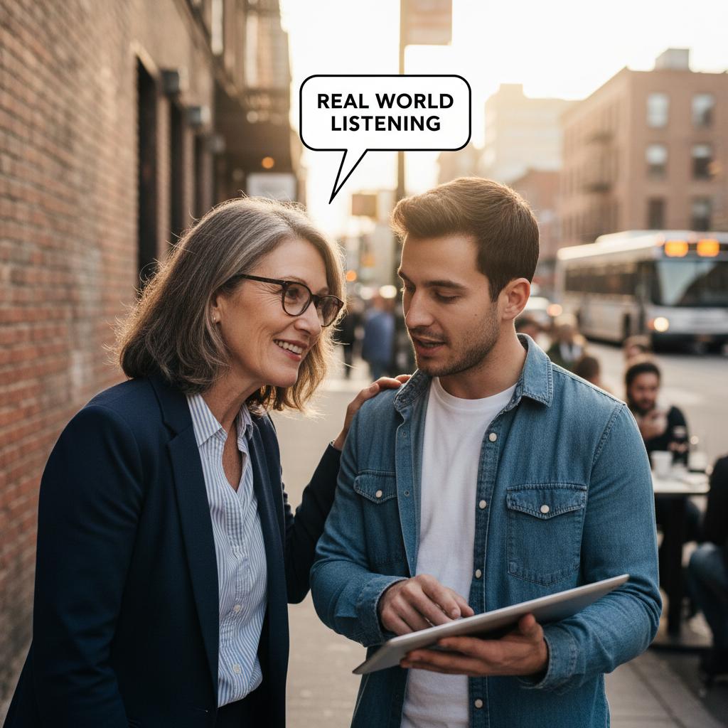Mentor listening intently to mentee with a supportive expression in a vibrant, real-world setting