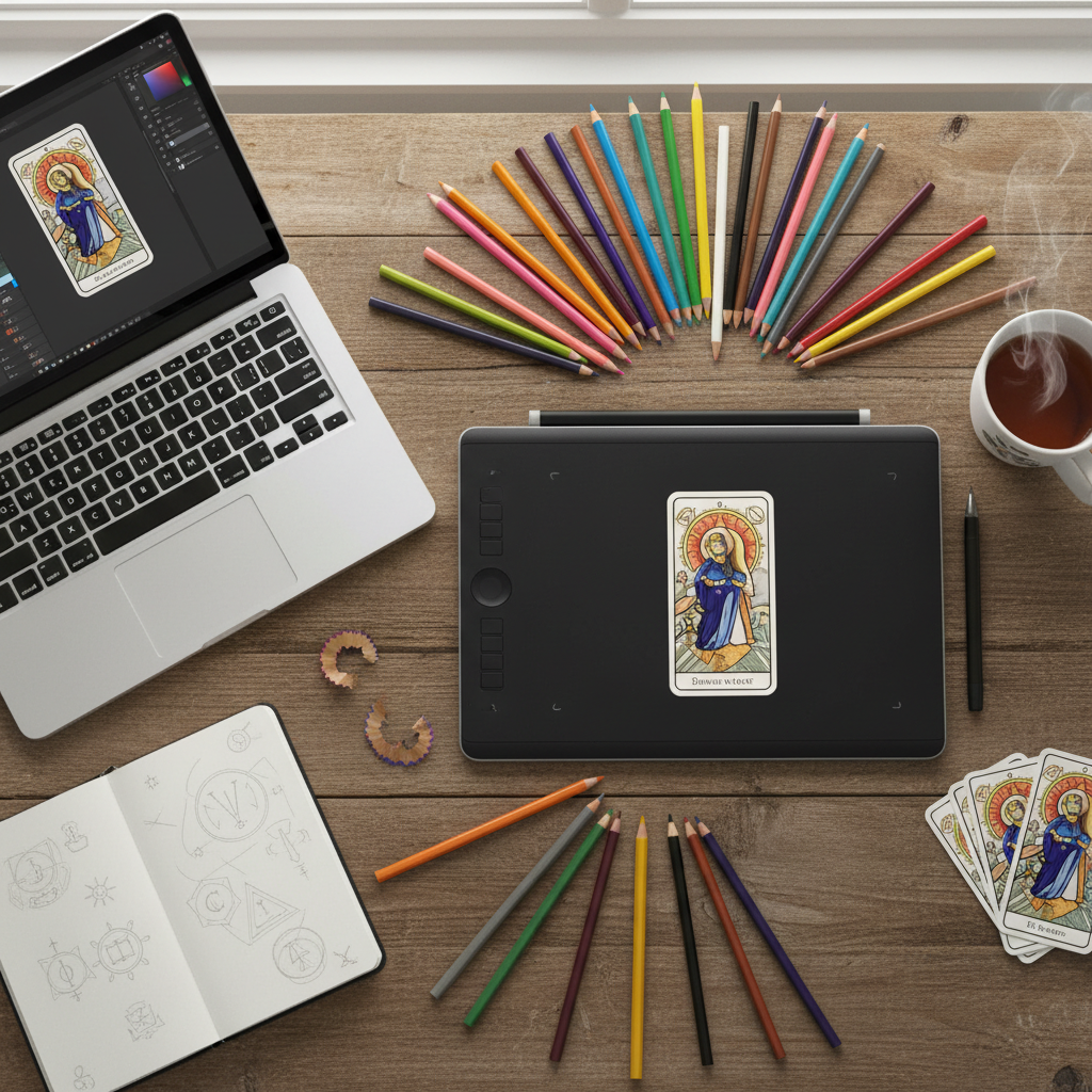 Różne narzędzia do tworzenia kart tarota – od kredek po tablet graficzny i komputer