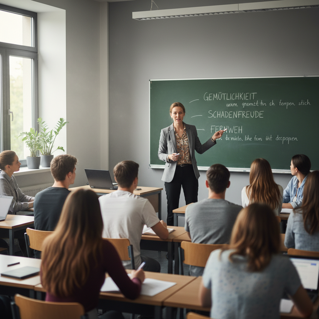 Lehrerin erklärt Deutschbegriffe, Tafel mit Fachbegriffen, Schüler:innen hören aufmerksam zu