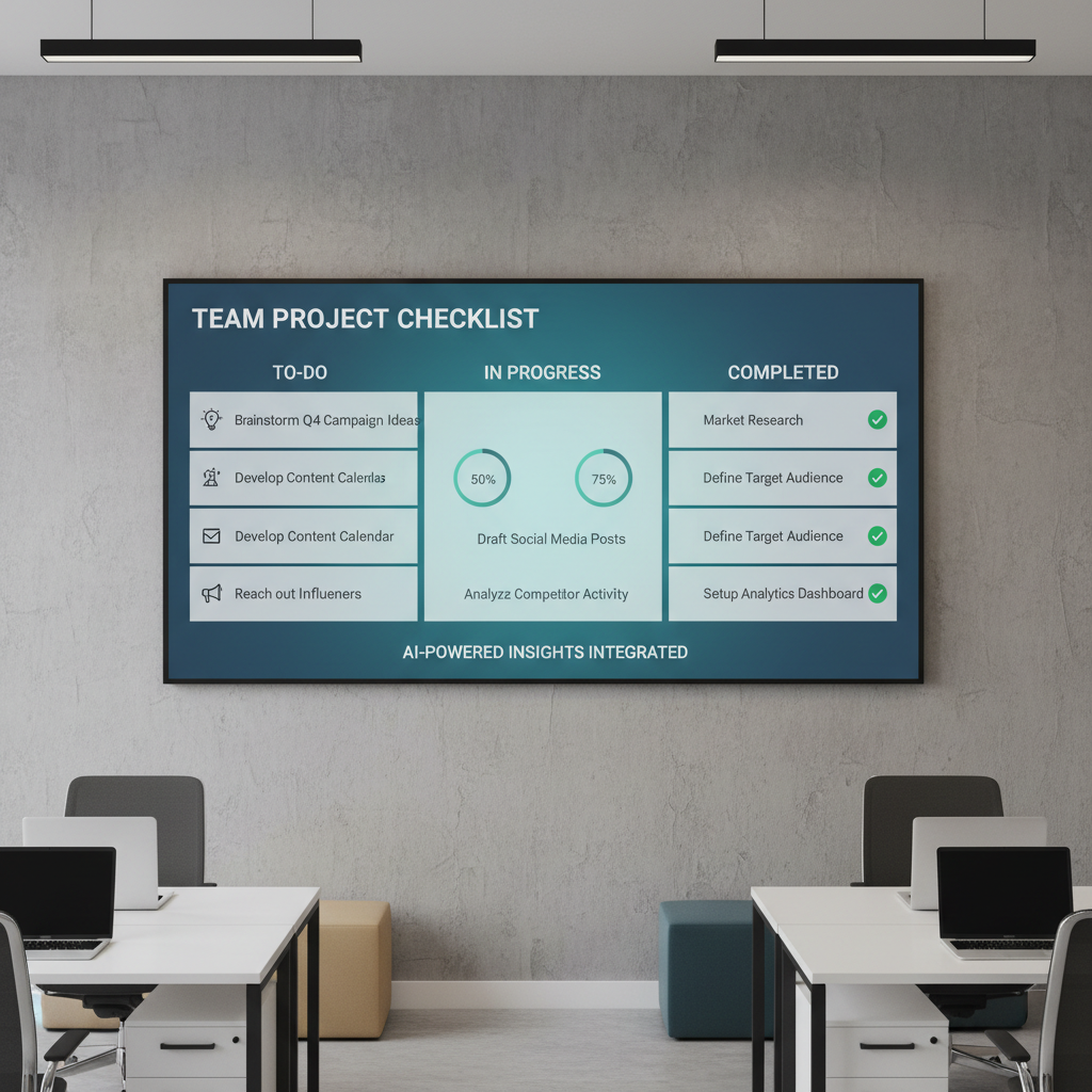 Team gathered around a digital checklist board in a high-tech atmosphere, evaluating readiness for ai-powered social listening automation