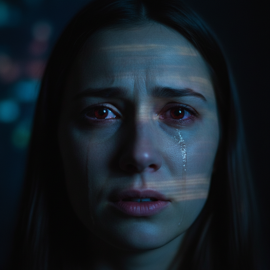 Tear-streaked face lit by screen listening intently to virtual memorial poetry for emotional resonance