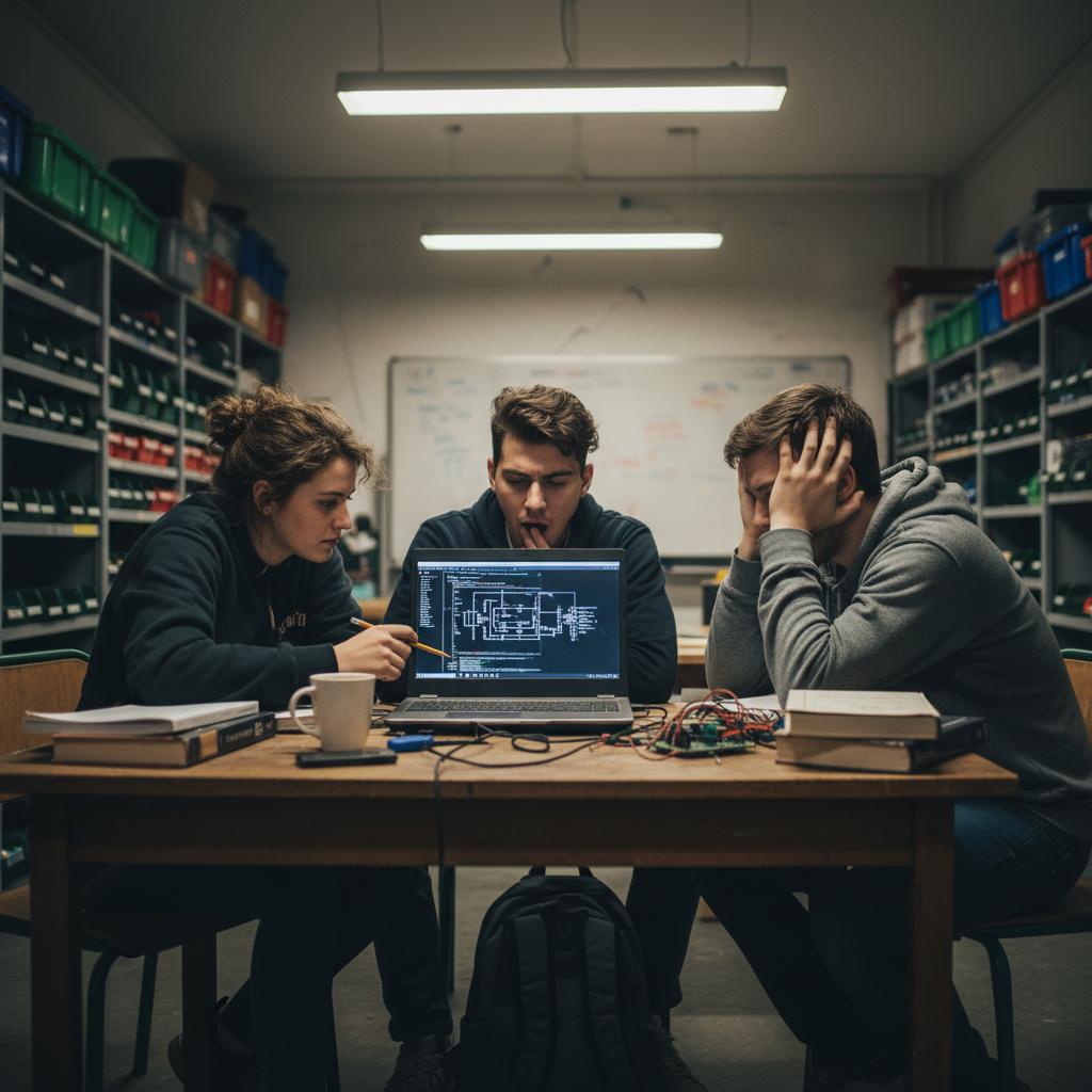 Uczniowie technikum dzielą się jednym laptopem, zmęczeni, w skromnym wnętrzu