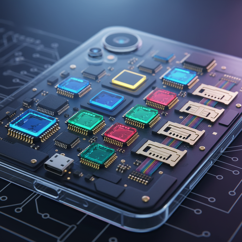 Schemat techniczny telefonu dual SIM z zaznaczonymi slotami