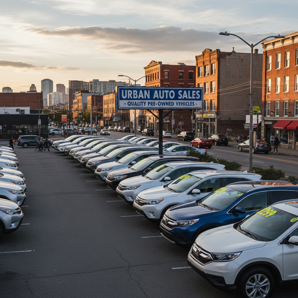 Montage of used car lots with Toyota RAV4 and Honda CR-V price tags, urban background for SUV resale comparison