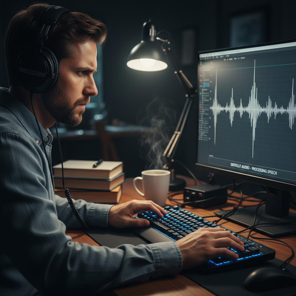 Transkrybent słuchający nagrania w słuchawkach, skupiony na wyłapywaniu trudnych fragmentów