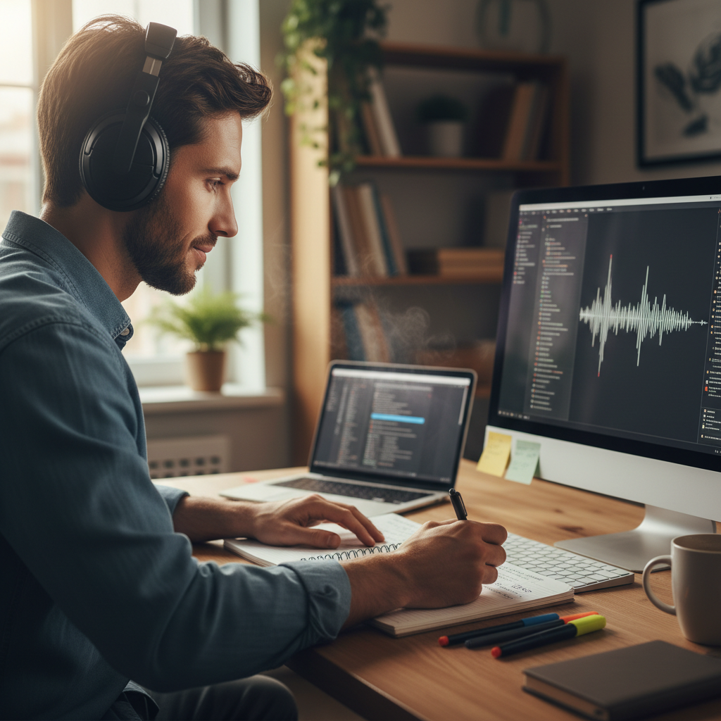 Transkrybent słuchający nagrania, zamknięte oczy, skupienie, notatnik pod ręką