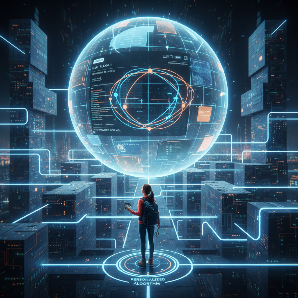 A traveler lost in a surreal maze of algorithmic flight suggestions, symbolizing the filter bubble problem in smart flight planners