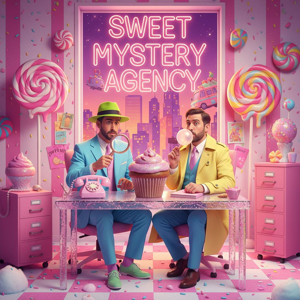 Two detectives in candy-colored office with surreal props, bright noir comedy set design