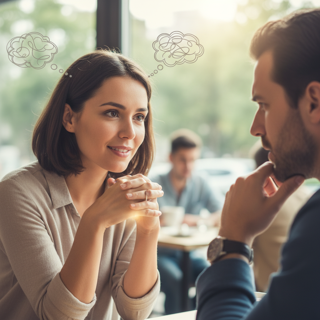 Dwie osoby siedzące naprzeciw siebie, intensywnie słuchające, z wyraźnym skupieniem – trening empatii i aktywnego słuchania