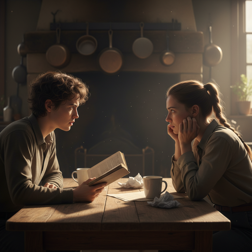 Two people at kitchen table, dramatic side lighting, listening intently, representing deep communication and misunderstanding resolution