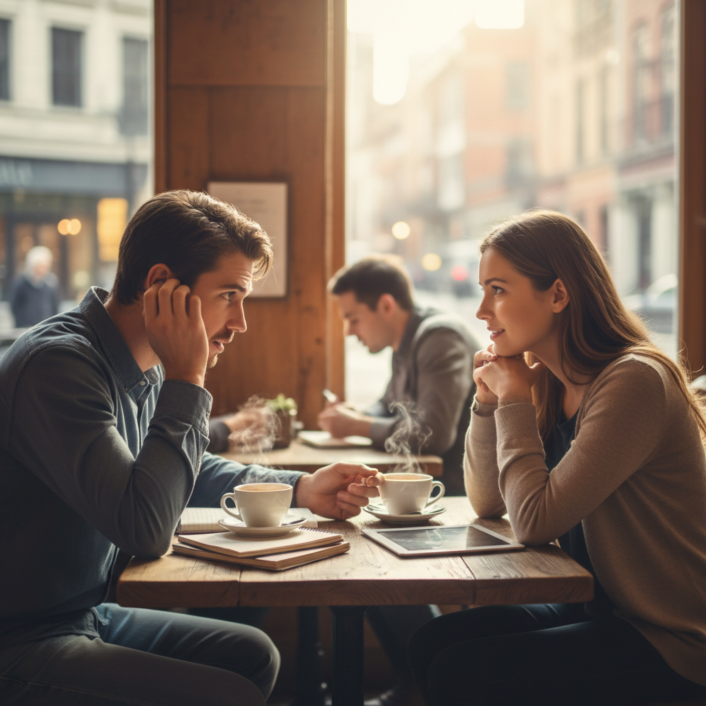 Two people leaning in, focused on each other, active listening in relationships