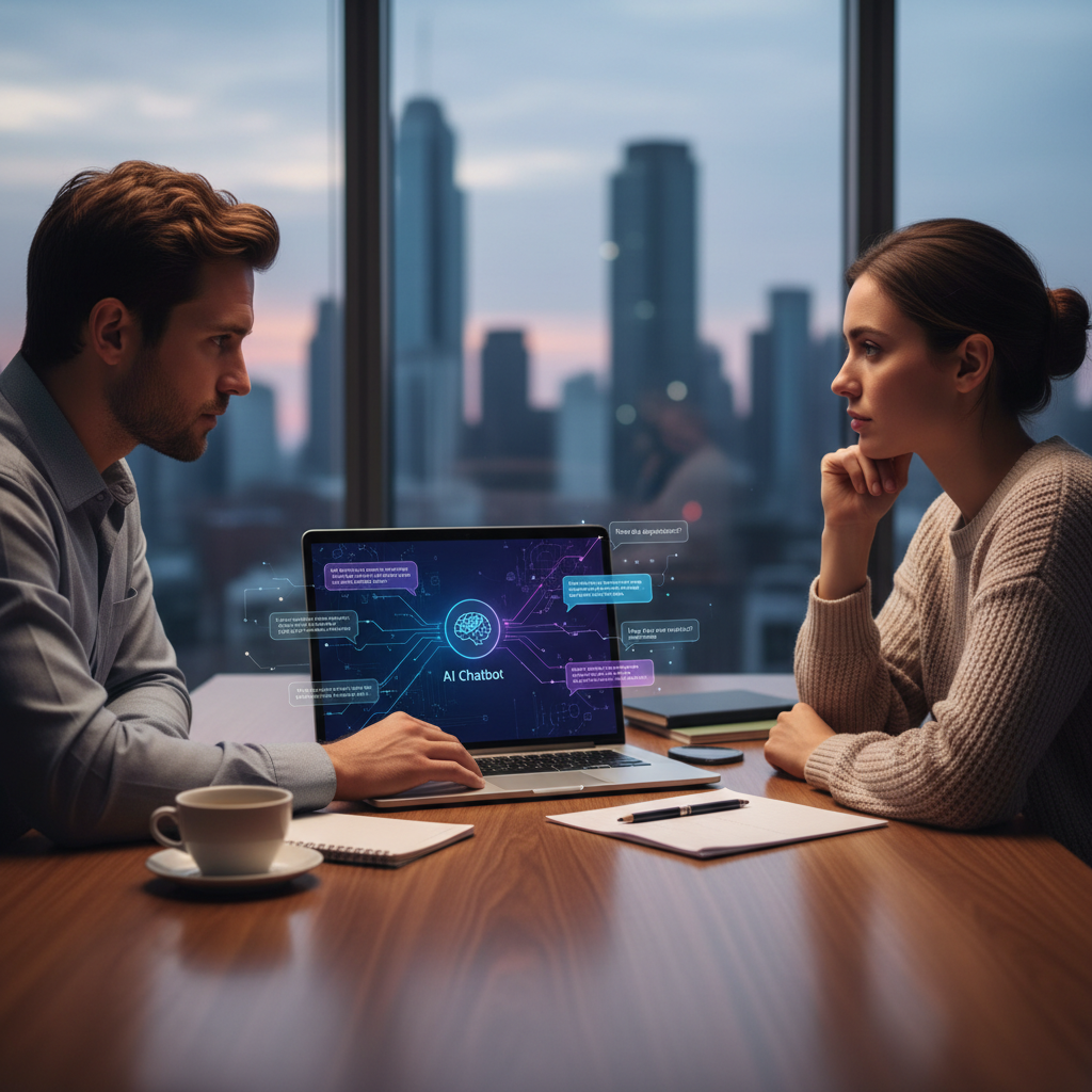 Dwie osoby siedzące naprzeciw siebie, jedna patrzy w ekran laptopa z włączonym chatbotem AI, druga słucha uważnie, symbol spotkania technologii i człowieka