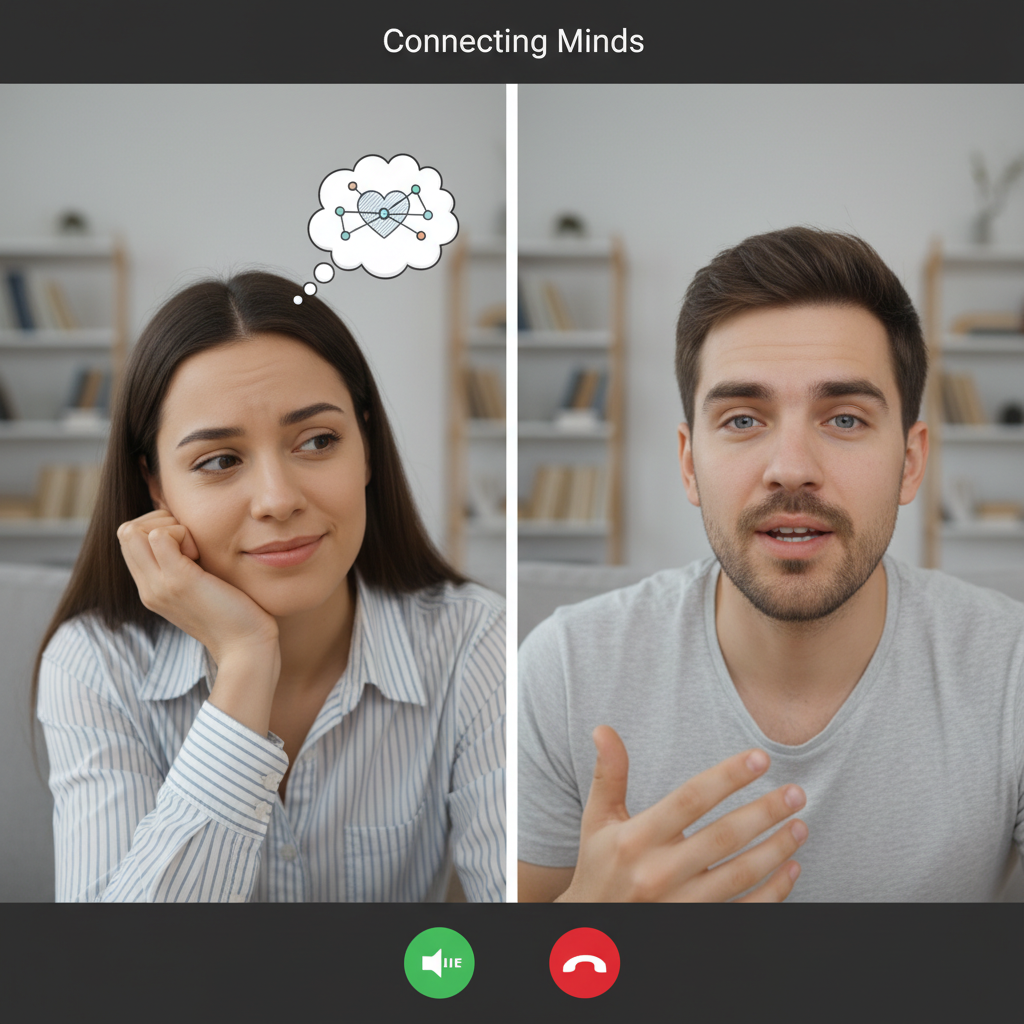 Dwie osoby rozmawiające przez komputer, skupione na aktywnym słuchaniu