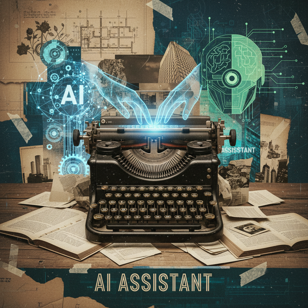 Evolution of workplace productivity tools from typewriters to AI-powered intelligent enterprise teammates, showing a typewriter morphing into a holographic AI assistant