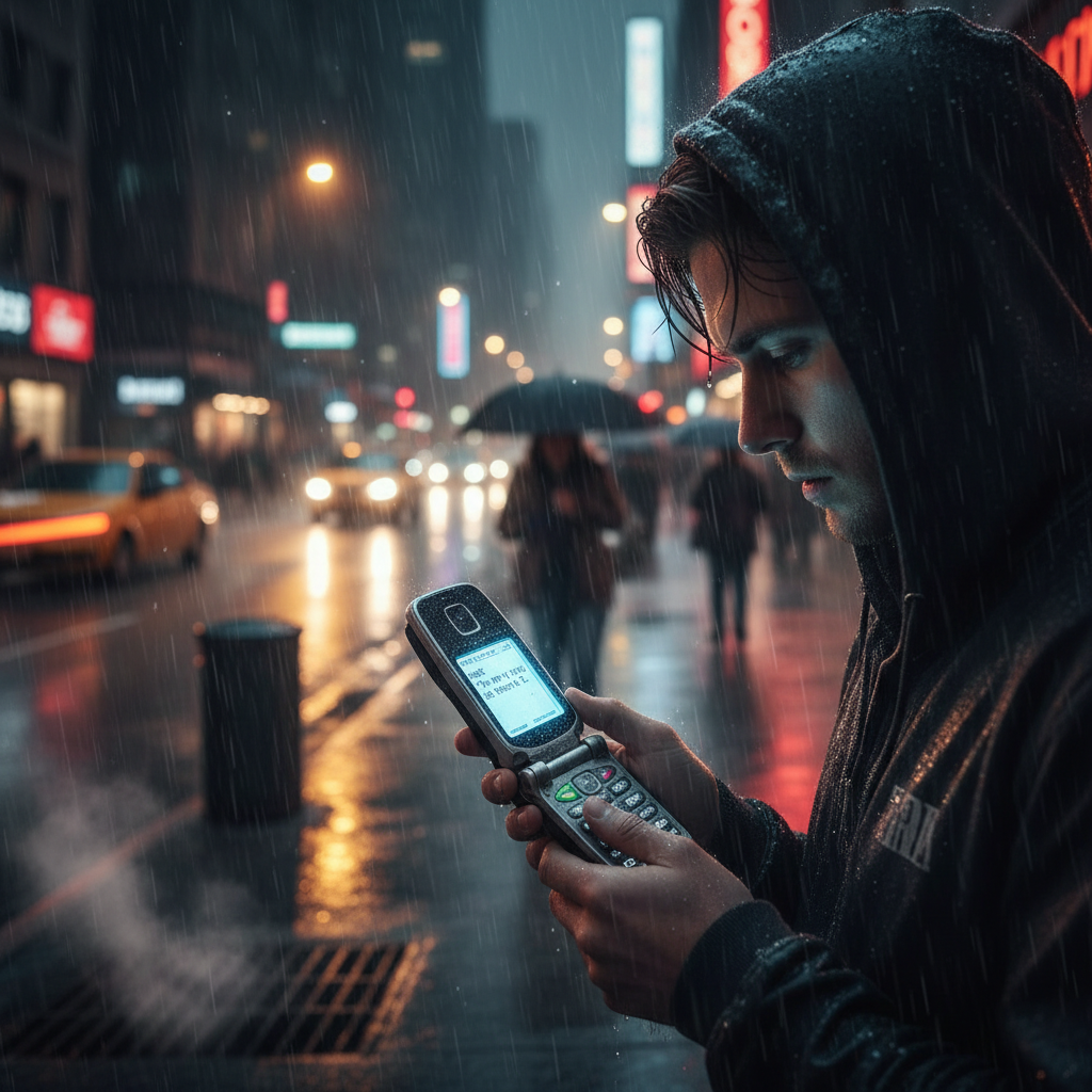 Nocne miasto, postać czytająca SMS na starym telefonie — historia botów SMS w polskim marketingu