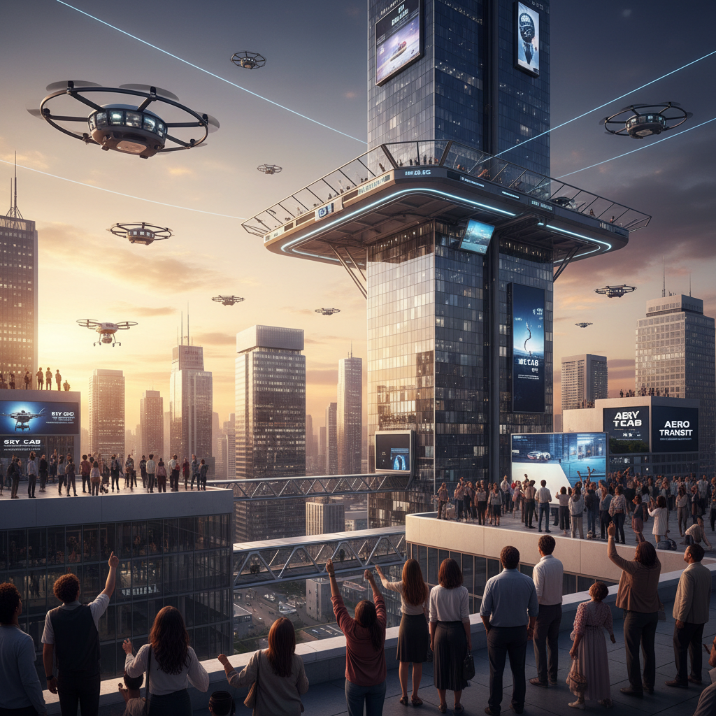 Urban skyline at sunset with multiple air taxis in flight and people watching from a vertiport