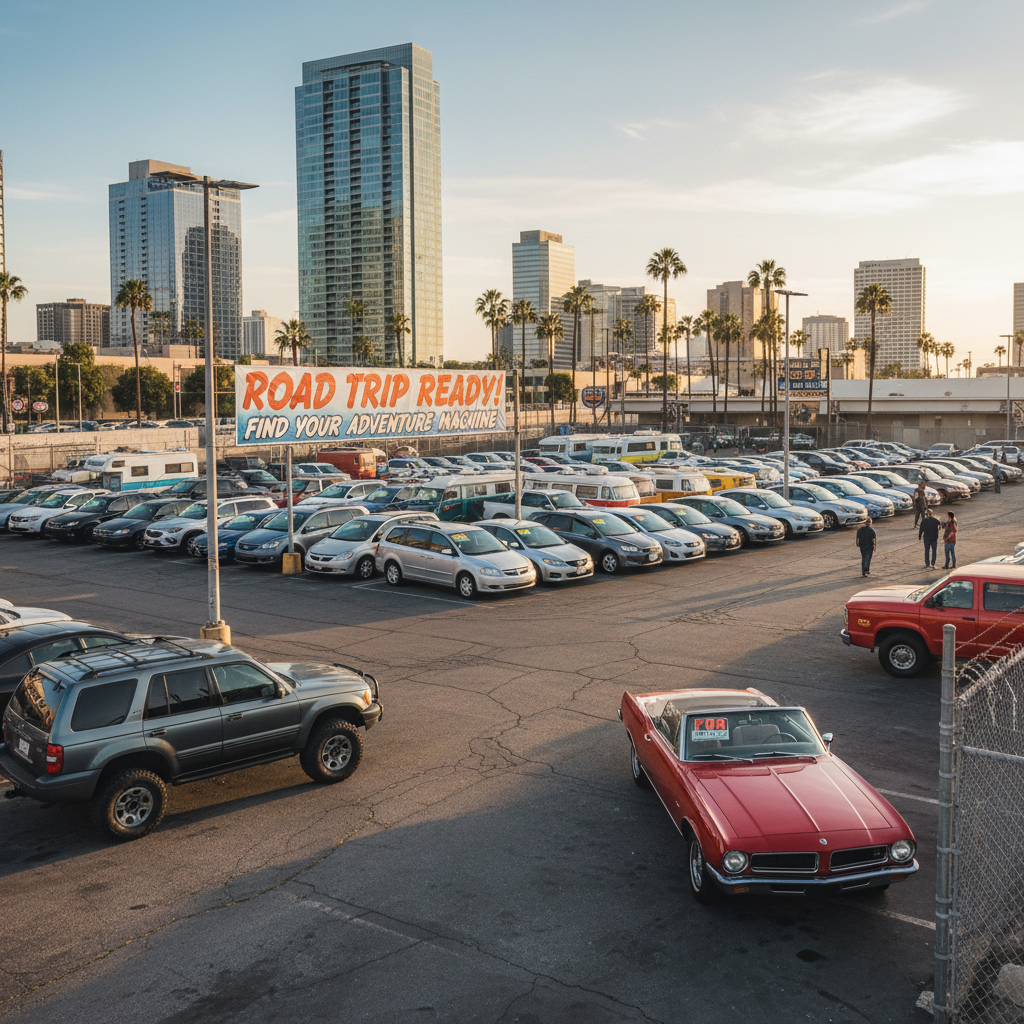 Urban used car lot with multiple car types, buyers browsing, road trip vehicle selection
